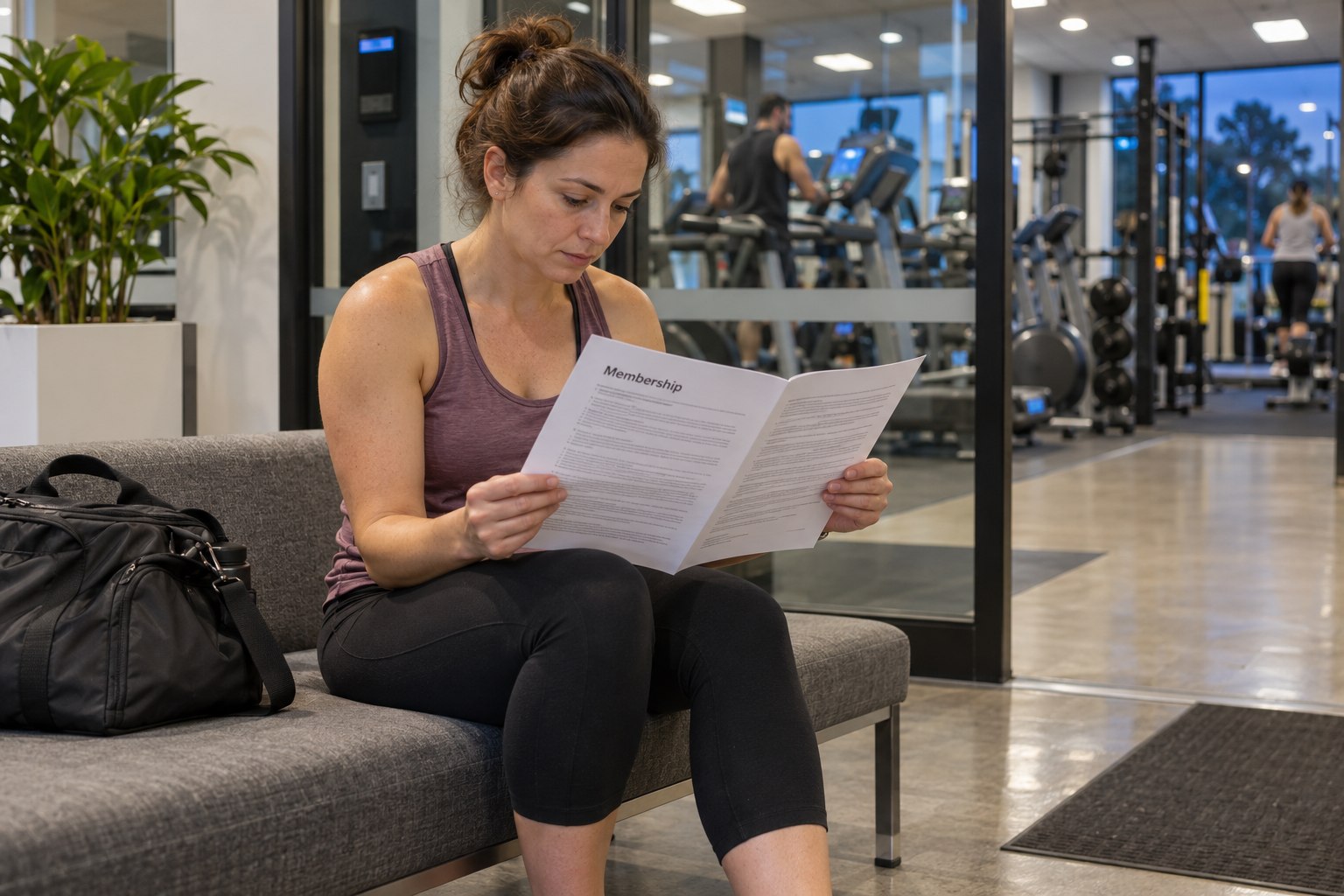 Woman reading a membership agreement in a gym foyer