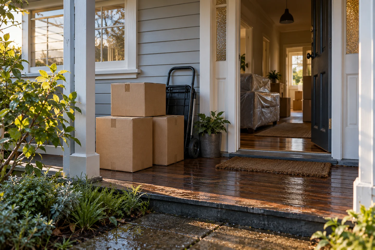 Moving boxes and a furniture trolley outside an Australian home